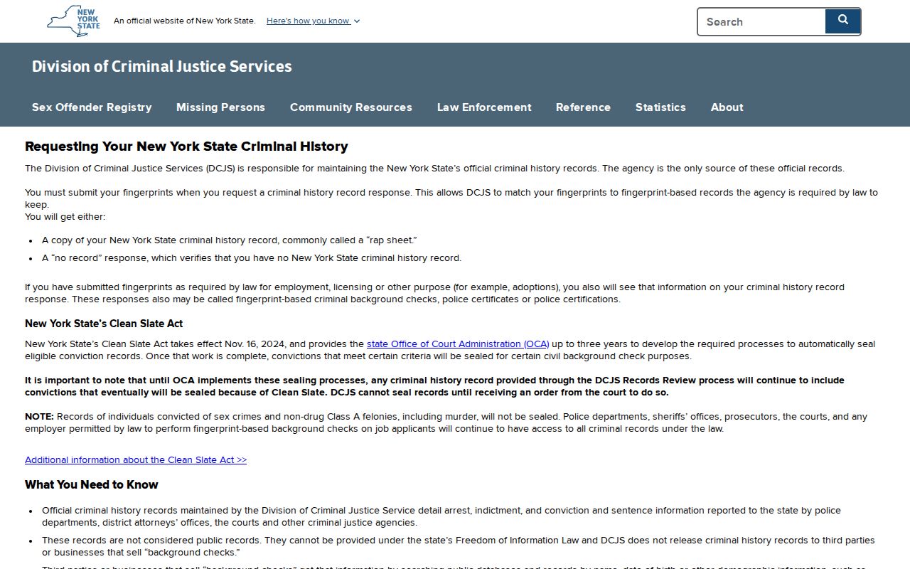 DCJS Personal Record Review page for a New York criminal history self-check