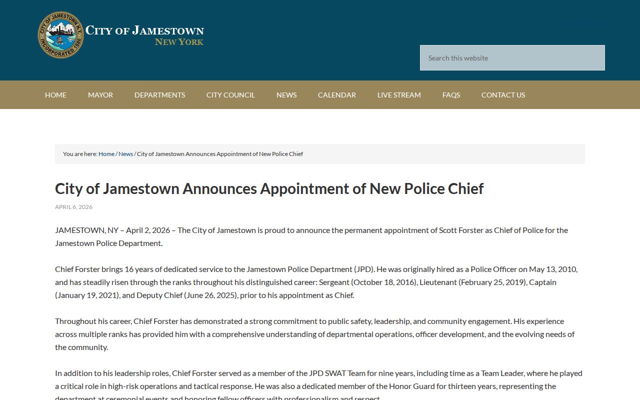 Jamestown criminal records context from police chief appointment notice