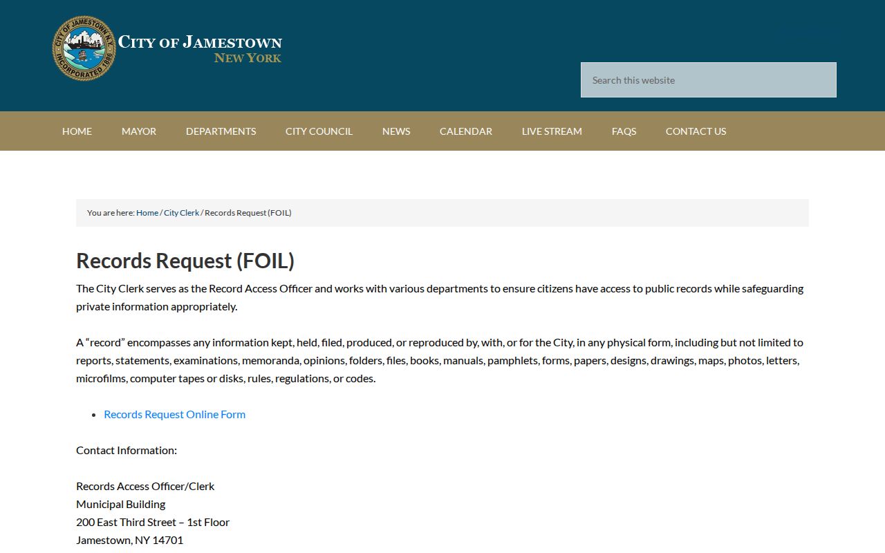 Jamestown criminal records FOIL request instructions